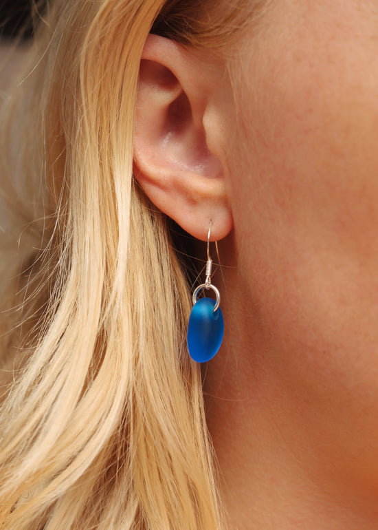 Marine Blue Sea Glass Drop Hook Earrings by Yemaya