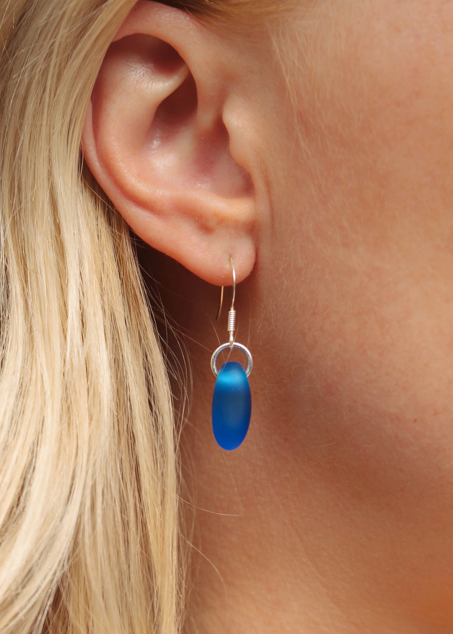 Marine Blue Sea Glass Drop Hook Earrings by Yemaya