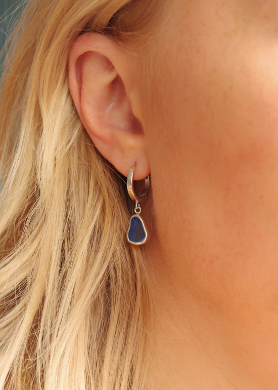 Marine Blue Sea Glass Huggie Earrings by Yemaya