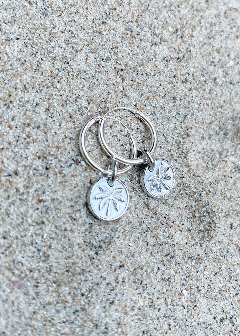 Mini Palm Coin Ocean Hoop Earrings Silver