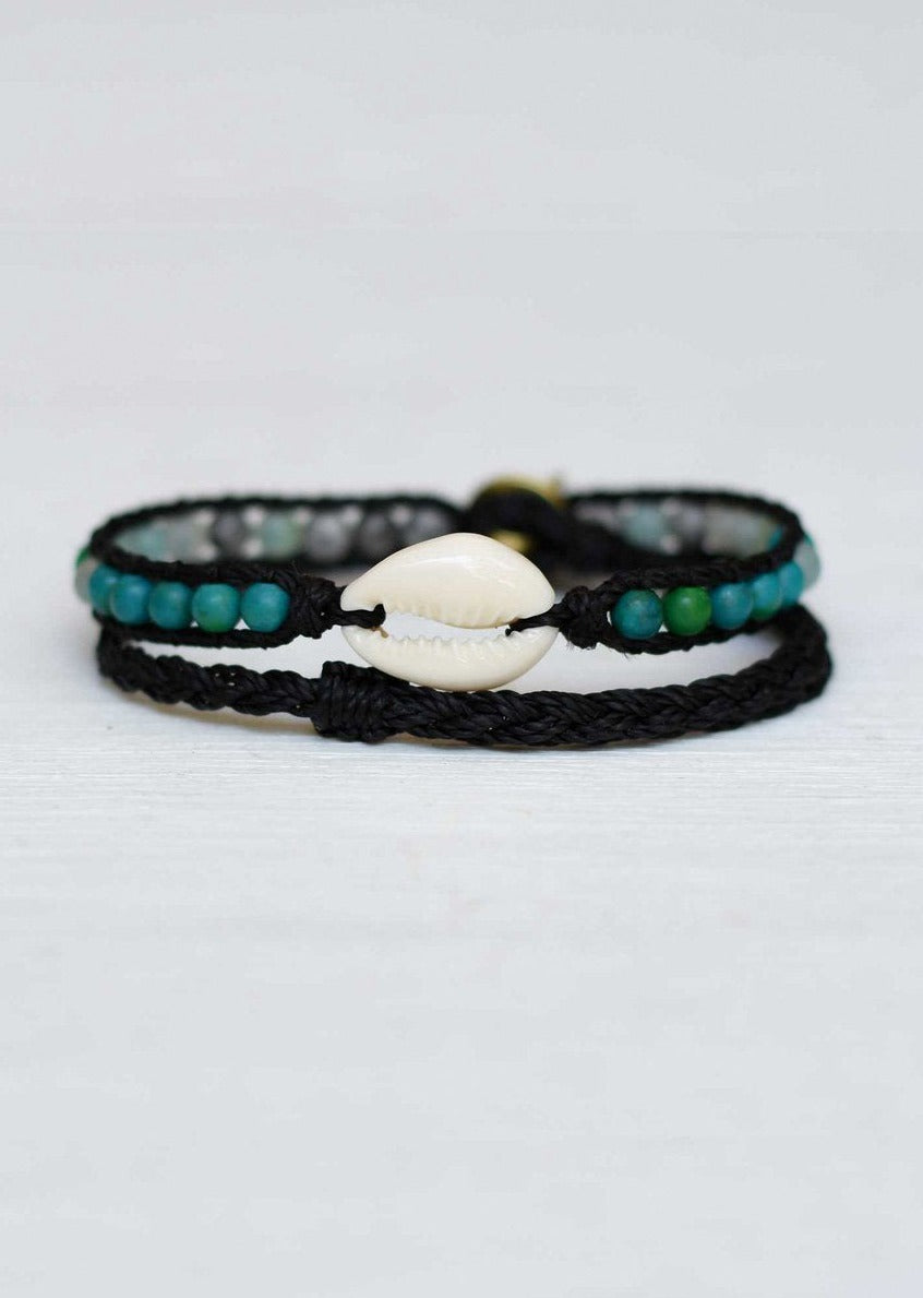 Double Wrap Cowrie Shell Black Bracelet