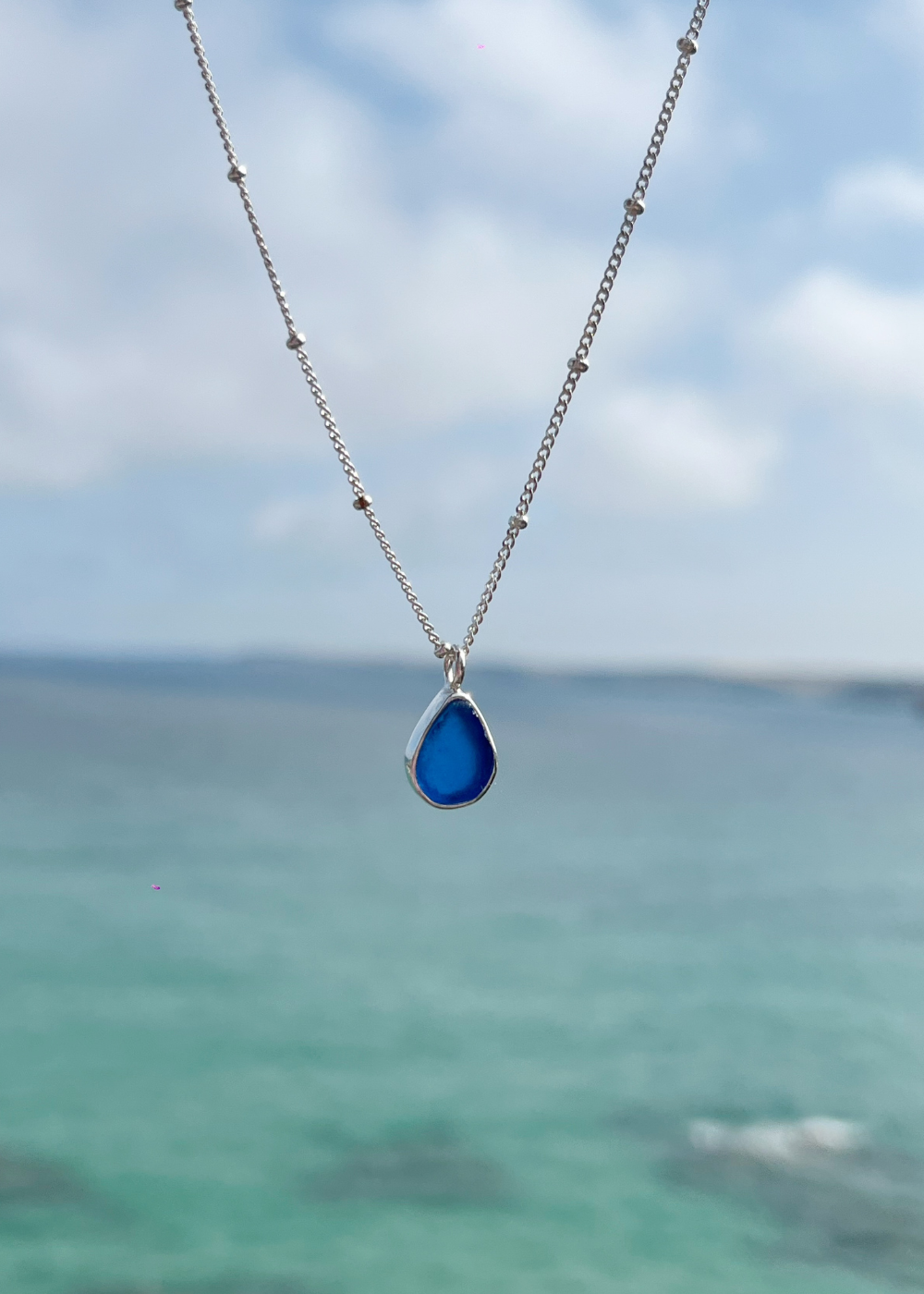 Ocean Blue Seaglass Droplet Necklace