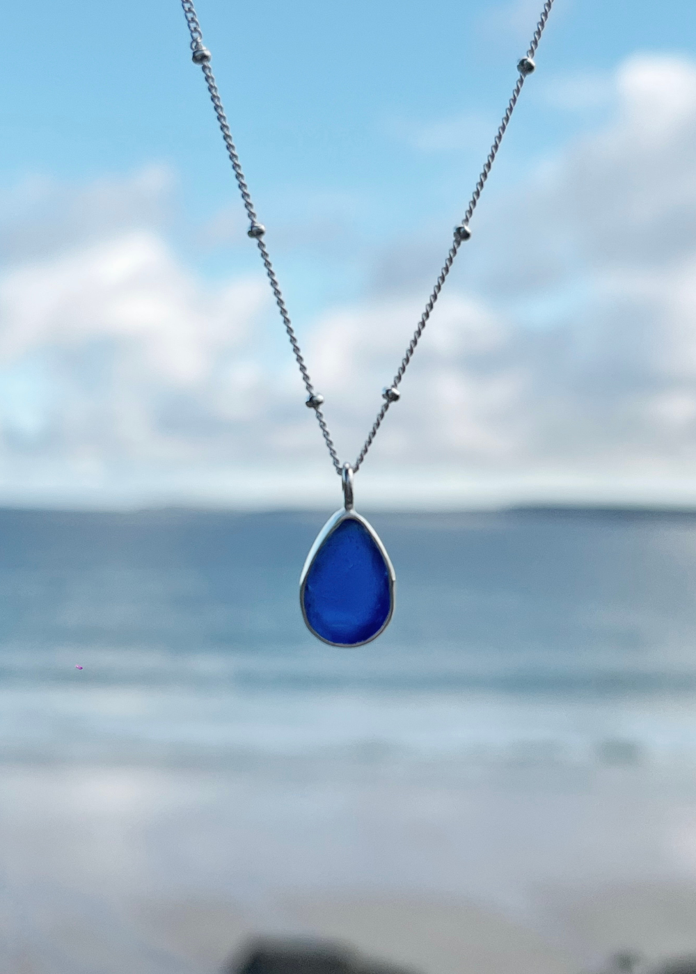 Ocean Blue Seaglass Droplet Necklace