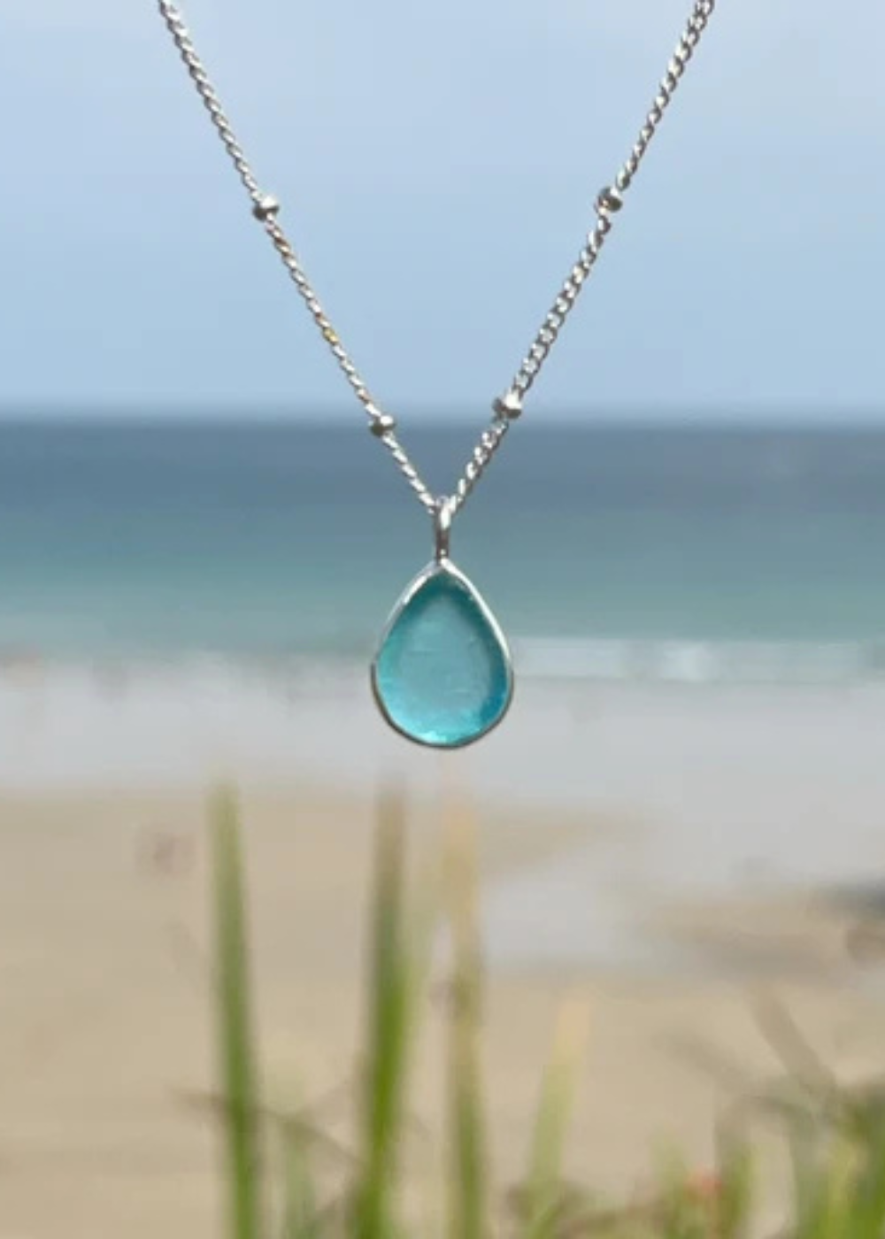 Aqua Blue Seaglass Droplet Necklace