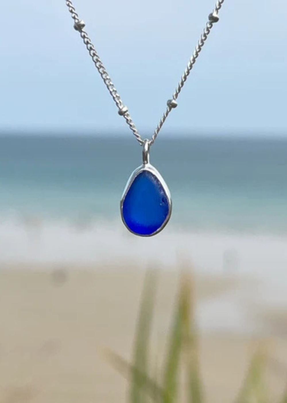 Ocean Blue Seaglass Droplet Necklace