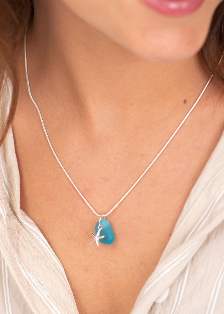 Sea Star & Blue Sea Glass Necklace by Yemaya