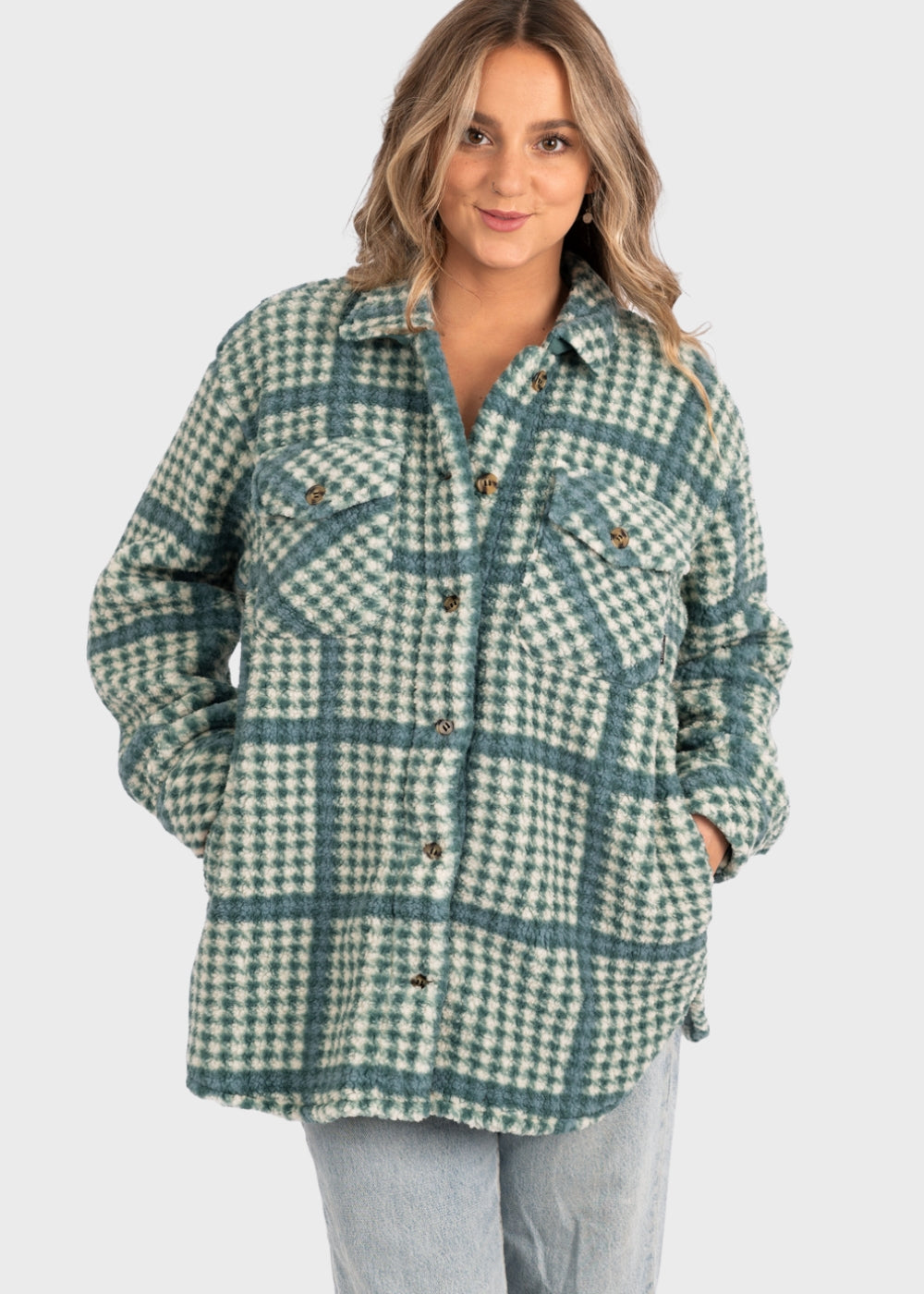 Akino Green Check Teddy Fleece Shacket by Protest