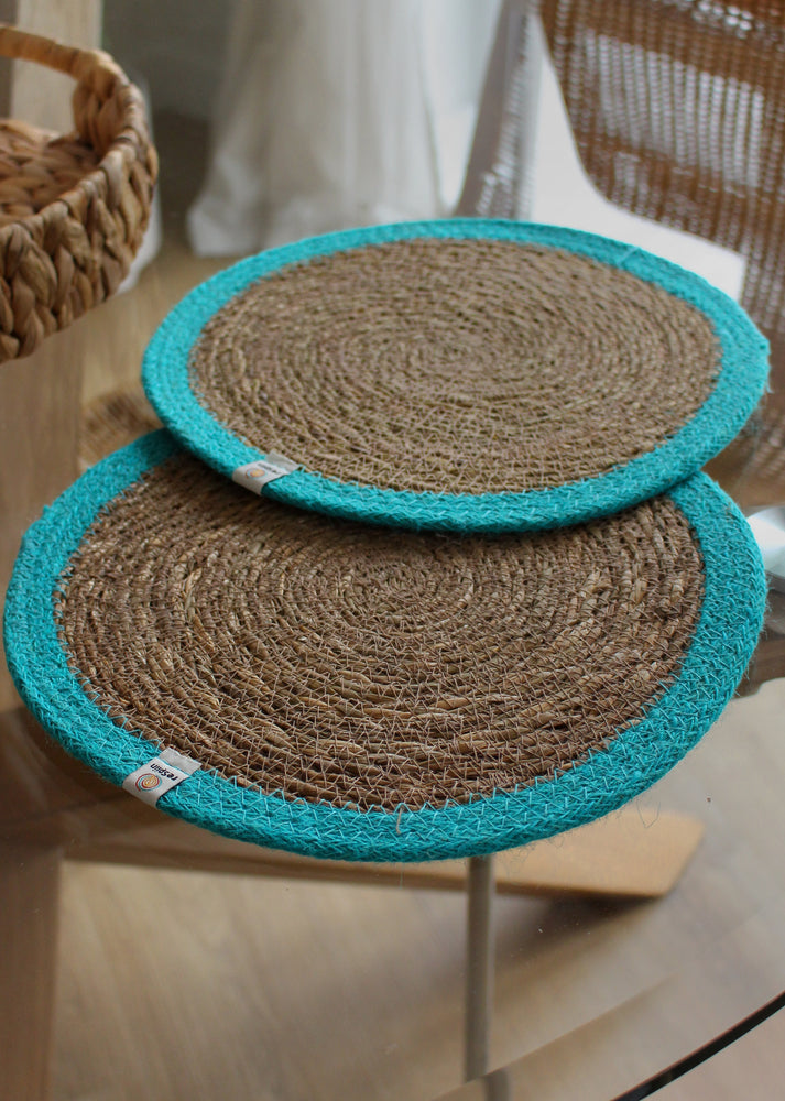 Seagrass & Jute Placemats, Set of 2 - Natural/Turquoise