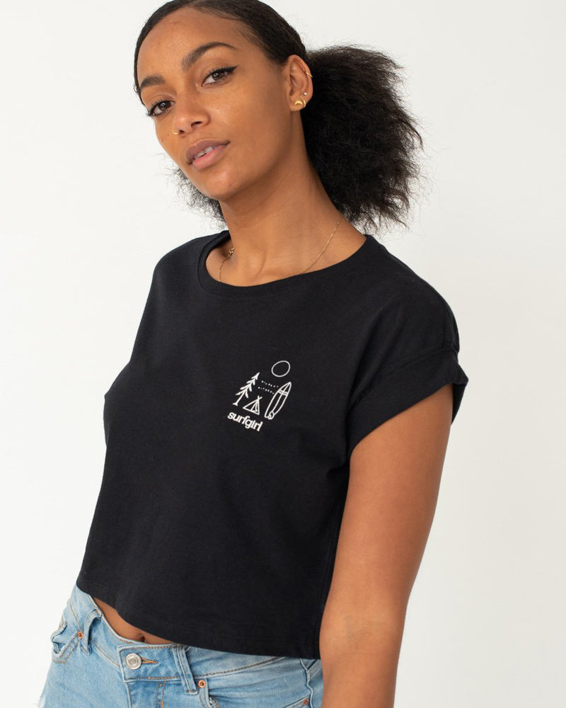 SurfGirl 'Happy Place' Organic Cotton Crop Tee in Black