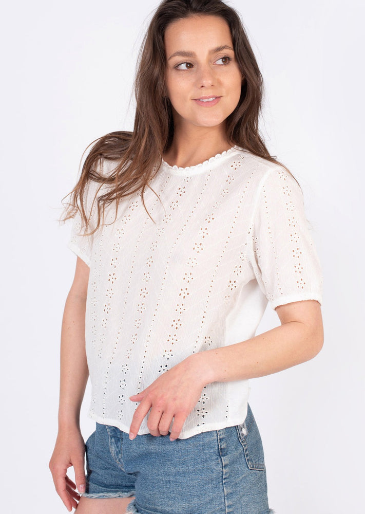 Leonor Ladies Broderie Anglaise White Short Sleeve Top T-Shirt by Protest Clothing