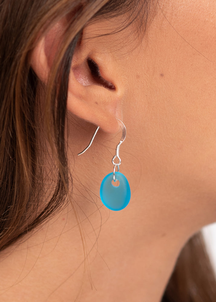 Aqua Blue Sea Glass Drop Hook Earrings by Yemaya